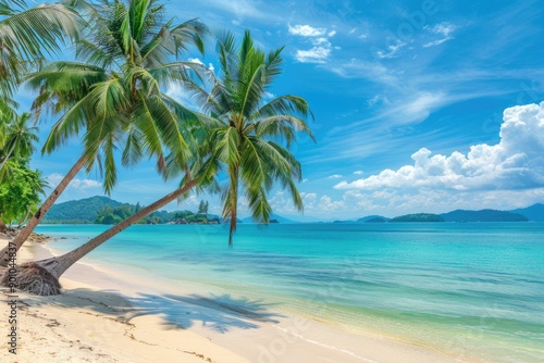 Wallpaper Mural Tropical beach with palm trees and turquoise water in ocean. Paradise island on sunny day. Trip, travel and vacation Torontodigital.ca