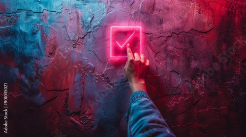 Reaching hand touching a glowing checkbox with a checkmark, symbolizing satisfaction, on a plain solid color backdrop.