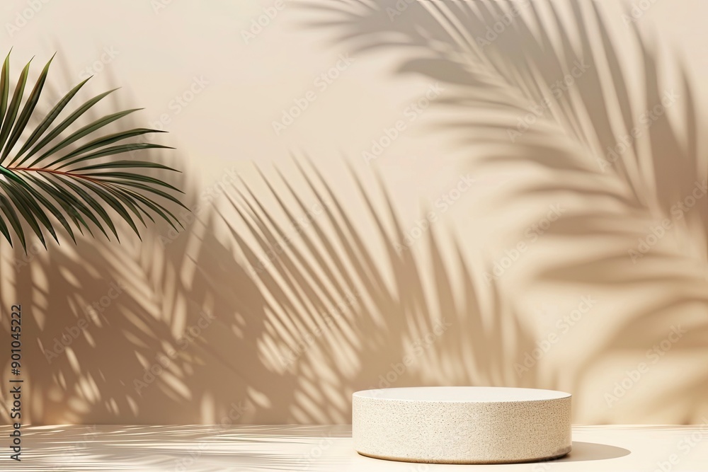 Beige concept product display podium Rock Stone with blurred background with sunlight shadow with generative ai Beige concept product display podium Rock Stone with blurred background with sunlight shadow with generative ai