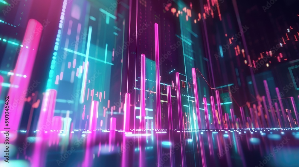 Abstract depiction of financial graphs and charts in neon colors Abstract depiction of financial graphs and charts in neon colors