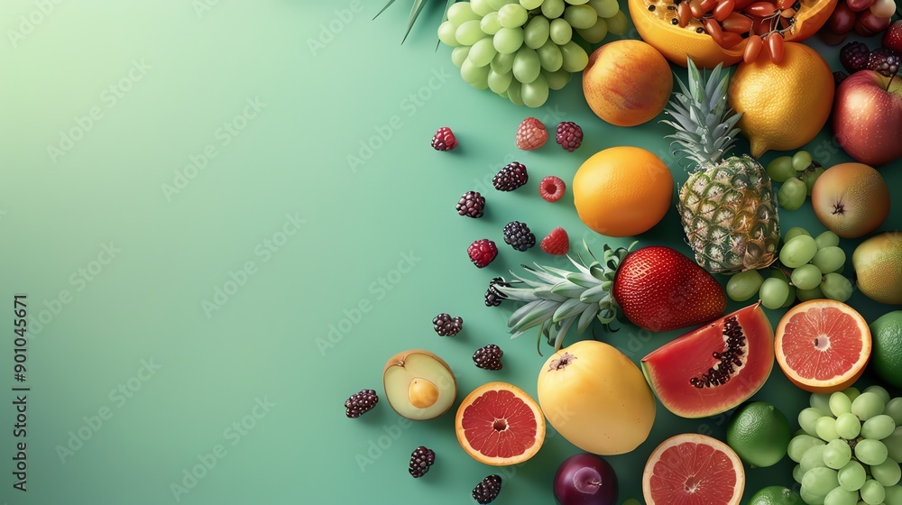 A variety of fruits are arranged on a green background. A variety of fruits are arranged on a green background.