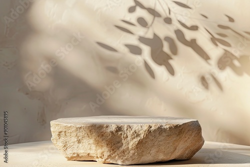 Beige concept product display podium Rock Stone with blurred background with sunlight shadow with generative ai