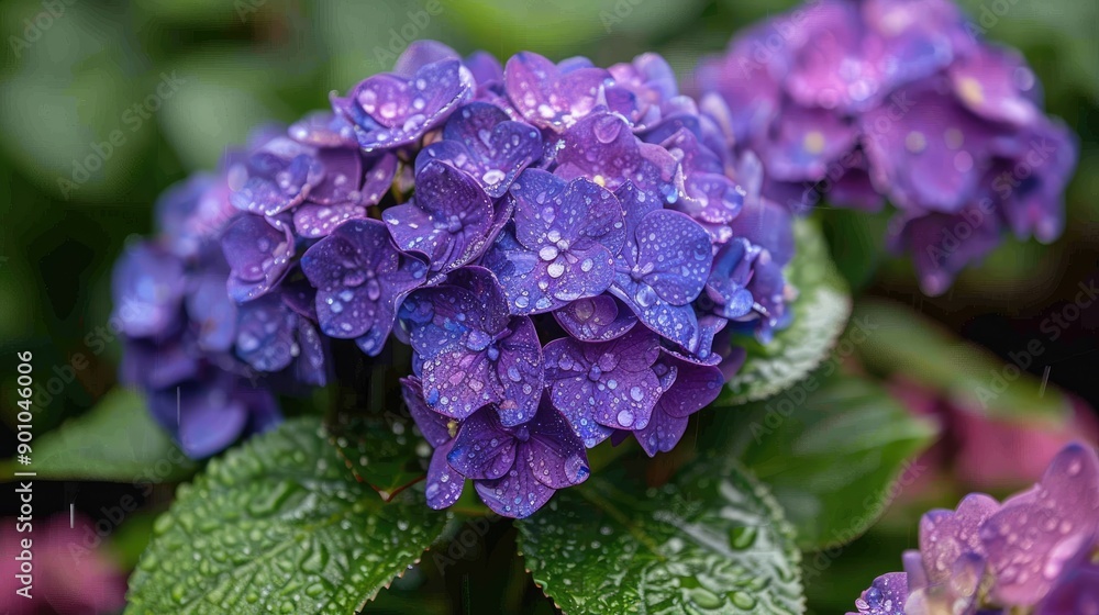 Purple hydrangeas drenched in rain with green foliage Purple hydrangeas drenched in rain with green foliage