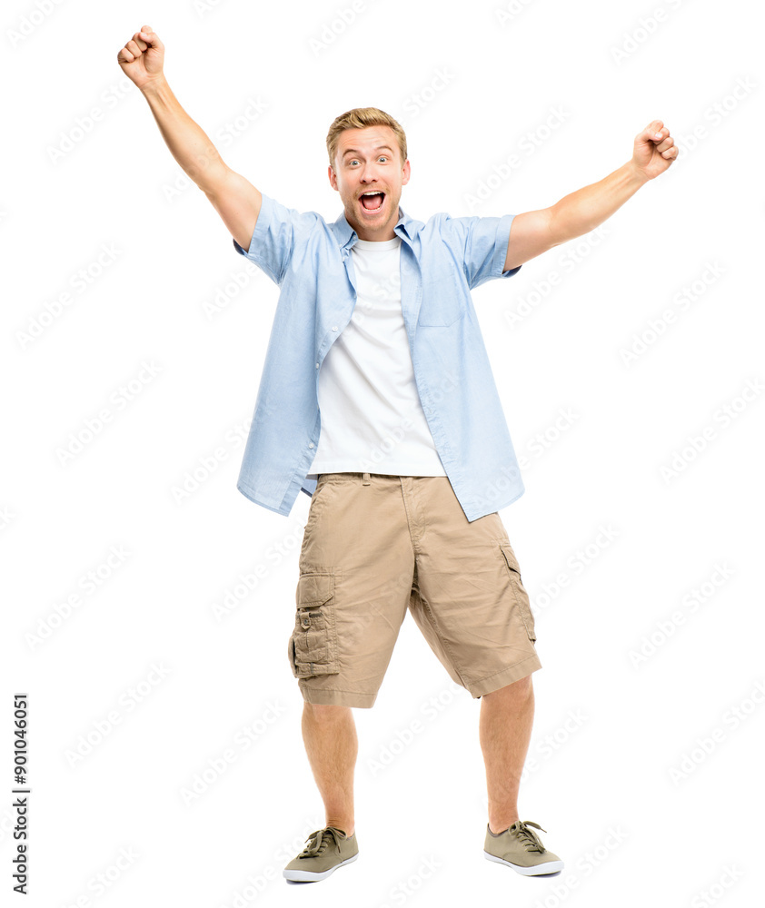 Man, portrait and celebration in studio with cheering for giveaway success, promotion and achievement. Person, victory fist and shouting for good news, bonus deal and competition on white background Man, portrait and celebration in studio with cheering for giveaway success, promotion and achievement. Person, victory fist and shouting for good news, bonus deal and competition on white background