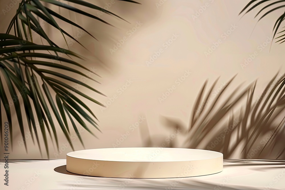 Obraz premium Beige concept product display podium Rock Stone with blurred background with sunlight shadow with generative ai