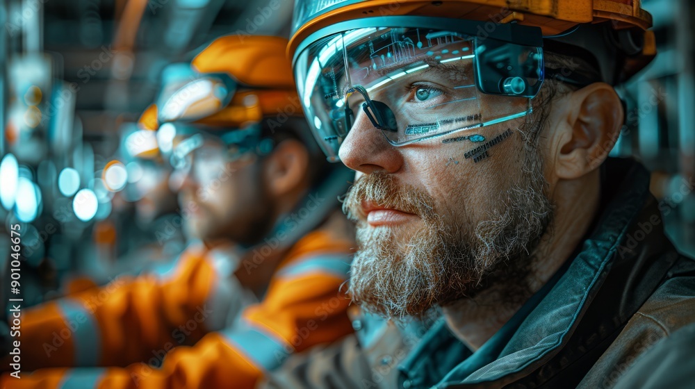 A team of engineers wearing AR glasses, visualizing and planning the layout of a new industrial plant, with holographic displays around them. A team of engineers wearing AR glasses, visualizing and planning the layout of a new industrial plant, with holographic displays around them.