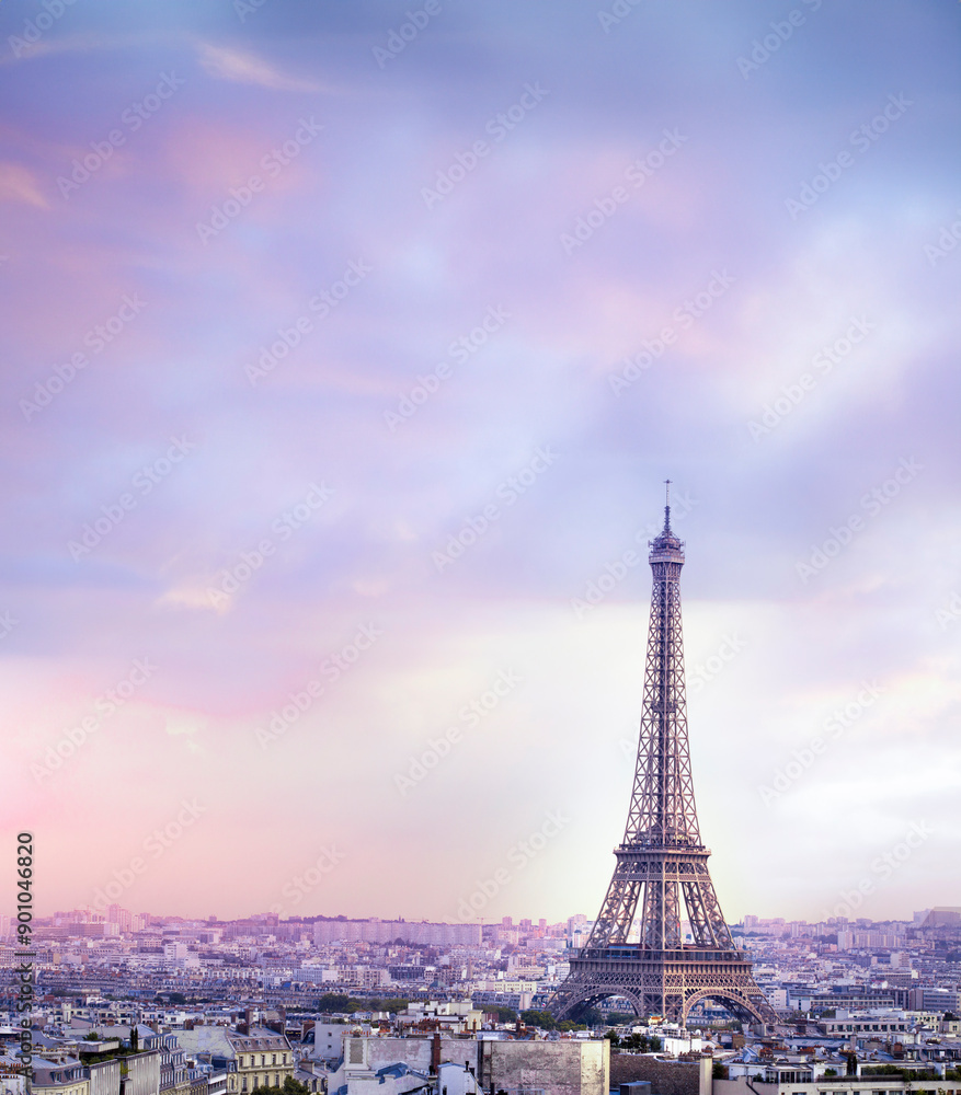 Naklejka premium Sunset Eiffel tower and Paris city view form Triumph Arc. Eiffel Tower from Champ de Mars, Paris, France. Beautiful Romantic background