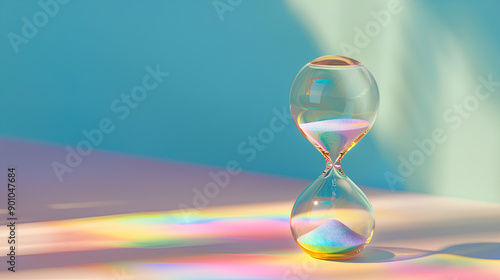 A transparent hourglass filled with rainbow-colored sand, symbolizing the passage of time in vibrant hues.