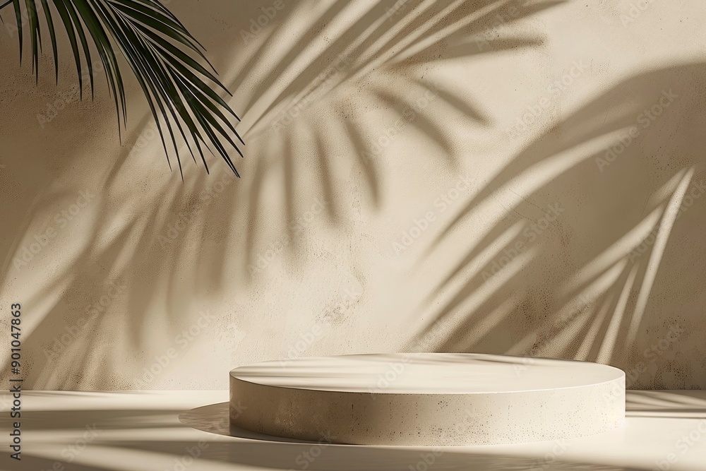 Beige concept product display podium Rock Stone with blurred background with sunlight shadow with generative ai Beige concept product display podium Rock Stone with blurred background with sunlight shadow with generative ai
