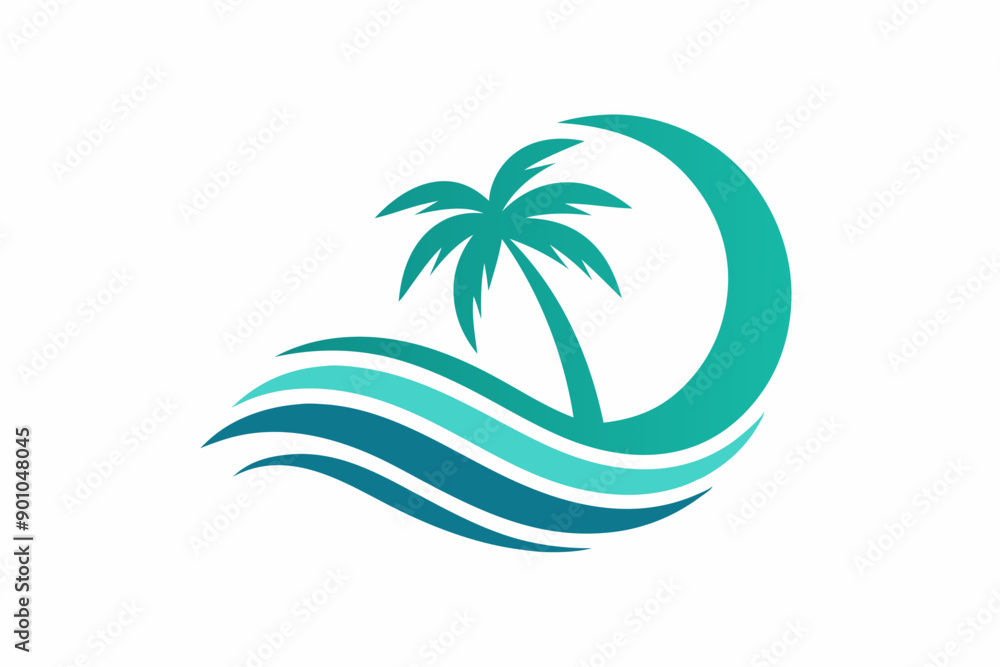 Obraz premium Wave beach palm logo design icon combination Vector illustration