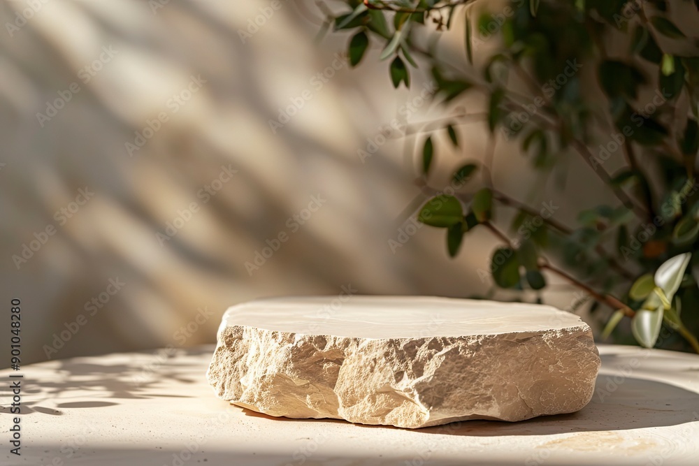 Beige concept product display podium Rock Stone with blurred background with sunlight shadow with generative ai Beige concept product display podium Rock Stone with blurred background with sunlight shadow with generative ai