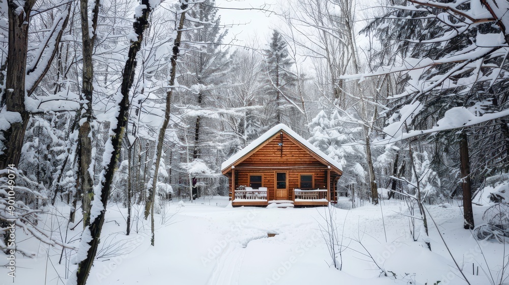Rustic wooden cabin in a snowy pine forest Rustic wooden cabin in a snowy pine forest