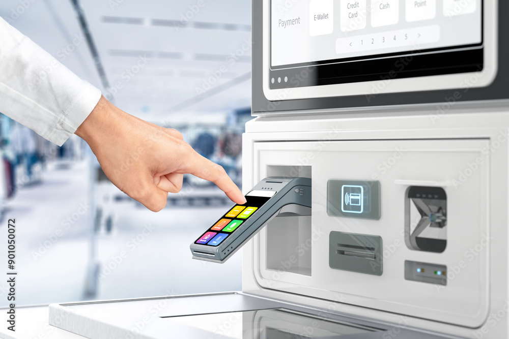 Customer use self-checkout kiosk or self-service payment machine Stock ...