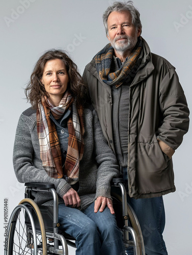 Handicapped Woman in Wheelchair, Middle Aged Couple, Disabled Woman with Man, Seniors with Disabilities, Inclusion, Diversity 
