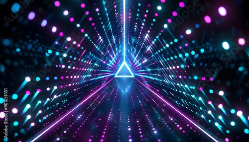 Fototapeta Naklejka Na Ścianę i Meble -  3d render, ultraviolet neon triangular portal, glowing lines, tunnel, corridor, virtual reality, abstract fashion background, violet neon lights, arch, pink blue triangle, spectrum, laser show 