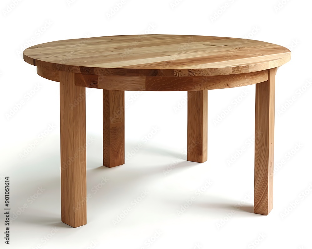 A round dining table made of solid oak with a polished surface and sturdy legs set against a white background The natural wood grain and elegant design create a warm inviting look A round dining table made of solid oak with a polished surface and sturdy legs set against a white background The natural wood grain and elegant design create a warm inviting look