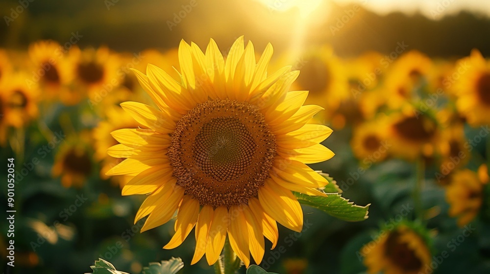 Fototapeta premium Sunflower in field at sunset - generative ai