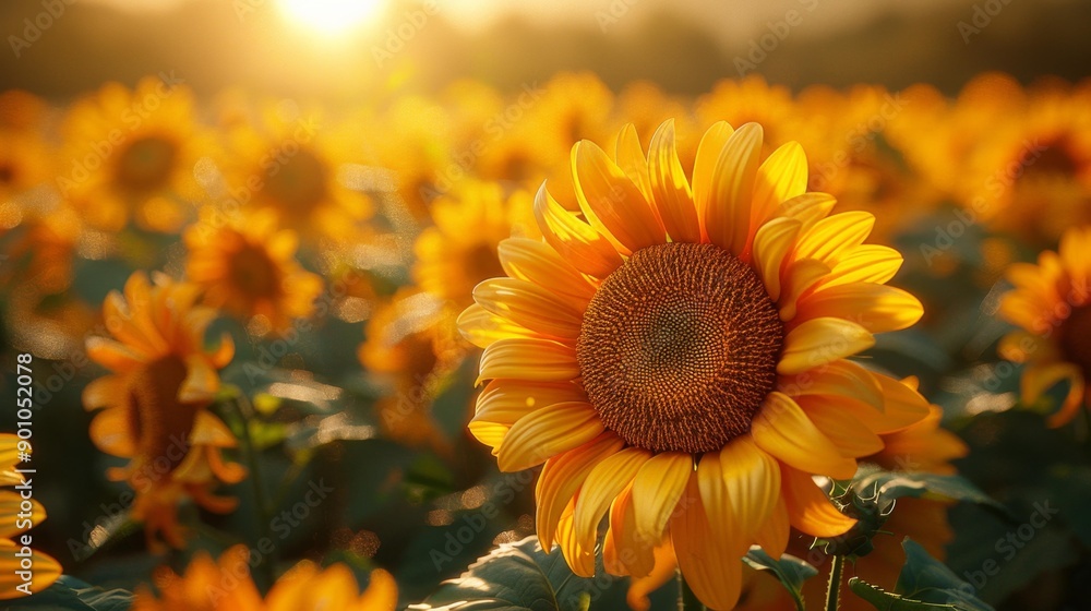 Fototapeta premium Sunflower field at sunset - generative ai
