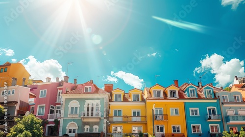 A row of colorful houses against a sunny blue sky.