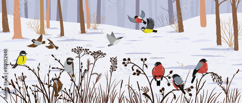winter landscape with birds, forest, dry plants and snow, hand drawn vector illustration