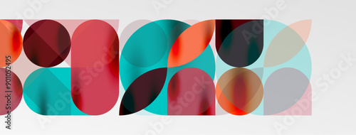 Mosaic geometric elements. Colorful circles, round geometric shapes and lines with shadow 3d effects. Simple forms abstract background for wallpaper, banner, template or landing
