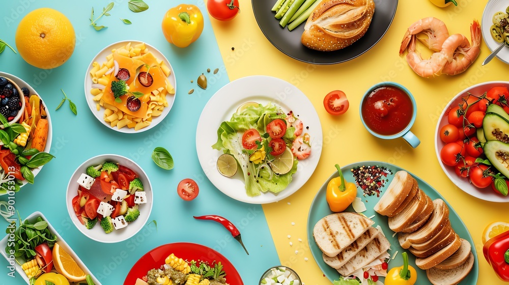 A variety of food items are arranged on a blue and yellow background. A variety of food items are arranged on a blue and yellow background.