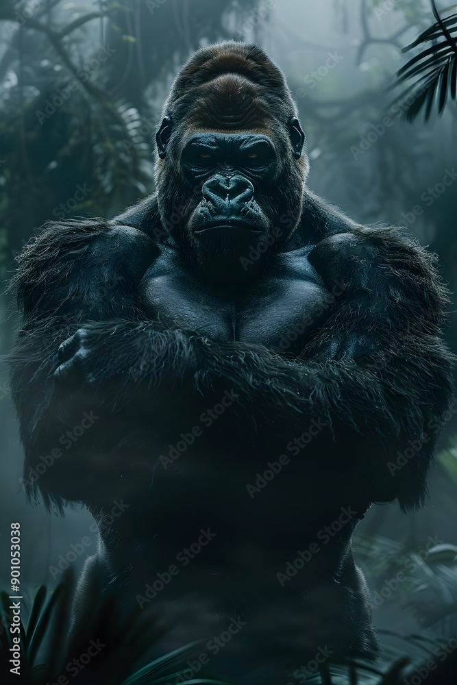 Naklejka premium Powerful and Brooding Gorilla Persona Towering Over Moody Jungle Landscape