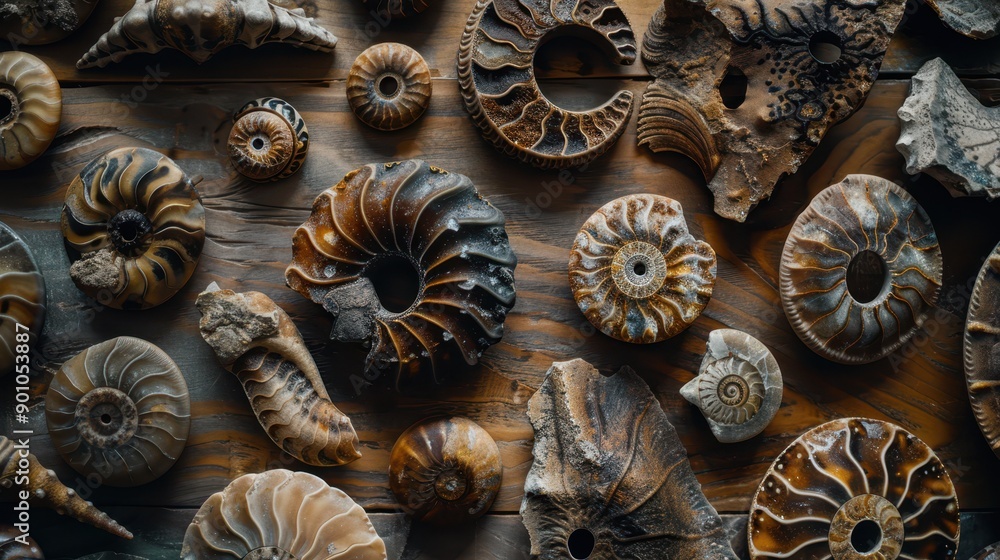 Various ammonite fossils arranged on a wooden surface, displaying intricate spiral patterns and textures. Fossil collection concept. Various ammonite fossils arranged on a wooden surface, displaying intricate spiral patterns and textures. Fossil collection concept.