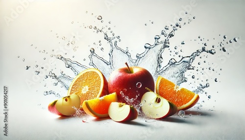 Apple and Orange Splash. The dynamic motion of the water droplets and the vibrant colors of the fruit create a refreshing and energetic visual.