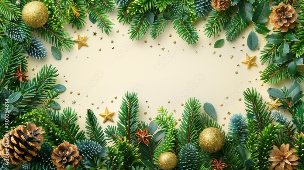 Green Fir Branch Border with Gold Stars and Lights - Christmas Tree Garland Decoration on Seamless Background, Isolated Vector Evergreen Plants Banner Green Fir Branch Border with Gold Stars and Lights - Christmas Tree Garland Decoration on Seamless Background, Isolated Vector Evergreen Plants Banner