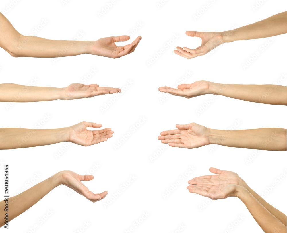 Helping, holding or begging hand. Multiple images set of female caucasian hand with french manicure showing Holding gesture Helping, holding or begging hand. Multiple images set of female caucasian hand with french manicure showing Holding gesture