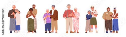 Old love couples set. Senior men, women, happy married people. Aged grandfathers, grandmothers. Elderly family. Modern older husband and wife. Flat vector illustration isolated on white background