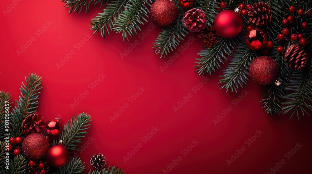 Fir Branches with Christmas Decorations on Red Background – Flat Lay with Space for Text
Fir Branches with Christmas Decorations on Red Background – Flat Lay with Space for Text