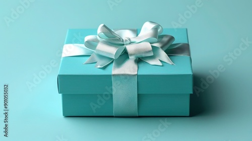 Mock-Up Poster of Baby Blue Gift Box with White Bow on Light Blue Background – 3D Render and Illustration 