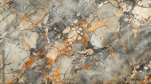 A close-up of a natural stone surface with a gray, white, and orange pattern.