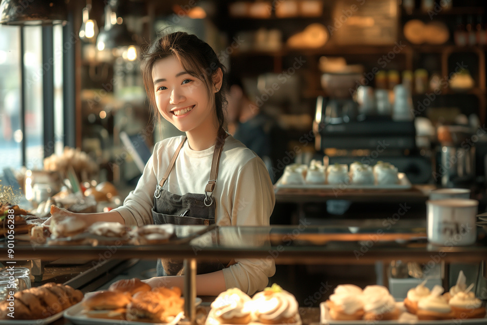 Smiling asian female baker prepares orders at the bakery to a customers Smiling asian female baker prepares orders at the bakery to a customers