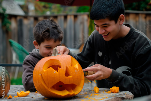 Young cheerful boy carving pumpkins with his with older brother photo