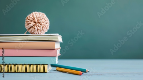 Stack of books with a knitted ball on top, next to pencils on a blue surface and green background. Perfect for educational and creative themes.