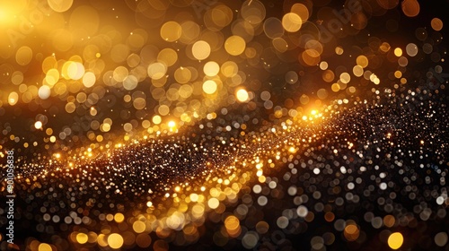 Golden Glitter Bokeh Panoramic Xmas Background with Copy Space - Festive Abstract Texture Banner