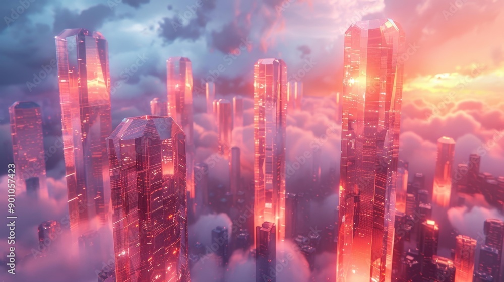 Fototapeta premium Futuristic skyscrapers above the clouds - generative ai