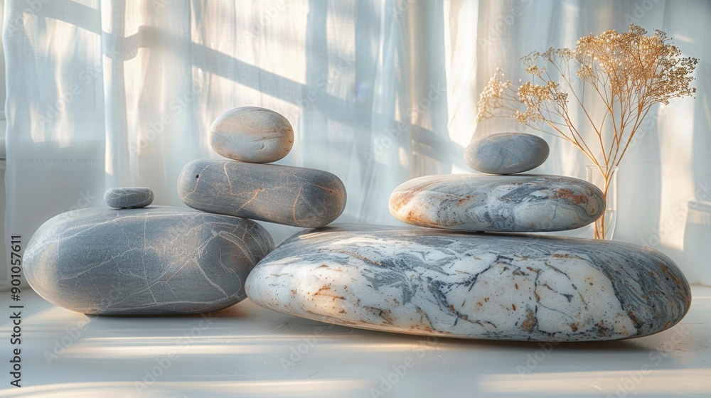 Zen stone stack in sunlit room - generative ai Zen stone stack in sunlit room - generative ai