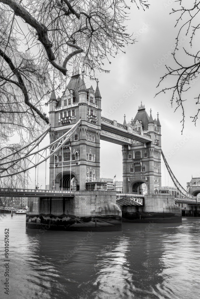Obraz premium Tower Bridge in London, Framed by Bare Tree Branches