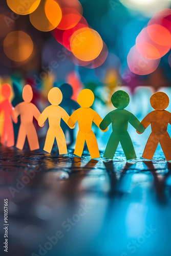 People Holding Hands Paper Cut Outs Celebrate Concepts of Diversity and Inclusion, Many Colors, Multiracial, Bokeh Background