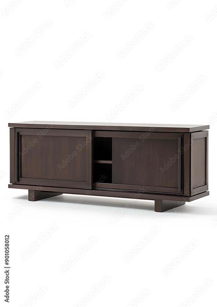A stylish media console with sliding doors and a dark wood finish isolated on a white background The console's sleek design provides ample storage for entertainment essentials A stylish media console with sliding doors and a dark wood finish isolated on a white background The console's sleek design provides ample storage for entertainment essentials