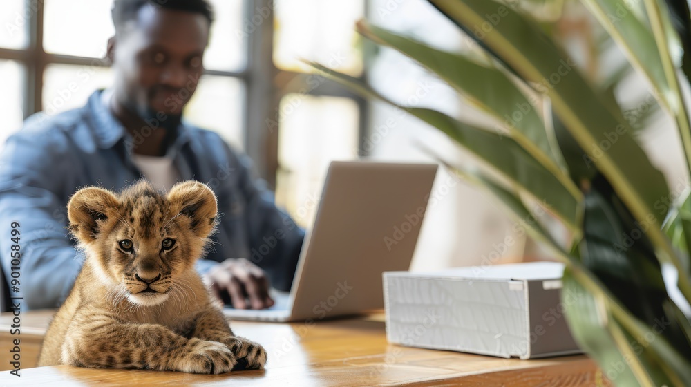 Fototapeta premium Young lion cub in an office setting, curiously exploring a desk, with a blurred person in the background. Unique workspace concept.