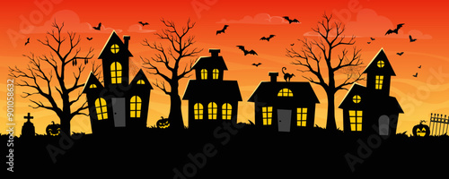 Halloween abandoned town, building silhouettes, danger pumpkins and flying bats at sunset sky vector background. Halloween trick or treat holiday spooky street with horror houses, creepy cemetery, cat