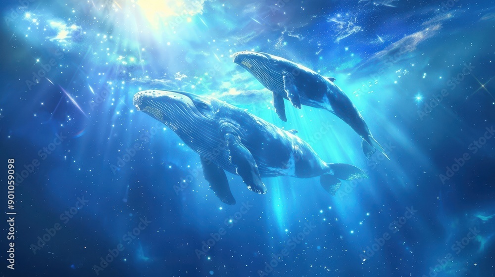Obraz premium Two majestic whales swimming in a fantastical cosmic ocean with vibrant colors and stars. Concept of harmony between nature and the universe.