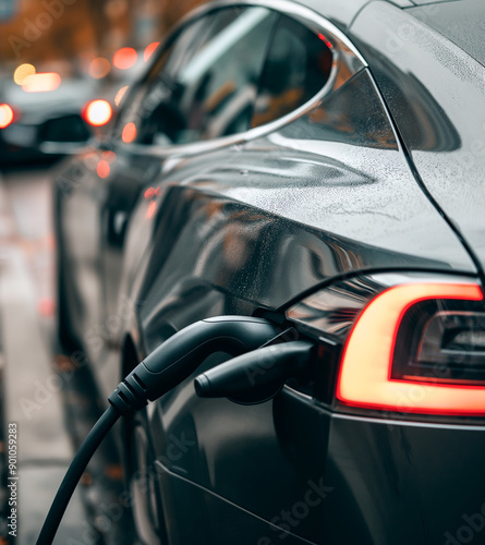 An electric vehicle being charged at an urban street station, closeup of the connector being inserted into an electric vehicle.
 photo