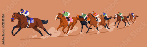 Jockeys on racehorses, equestrian sport competition. Equine riders competing on racecourse with galloping running horses at fast speed. Horseracing rivalry. Horsemen contest. Flat vector illustration