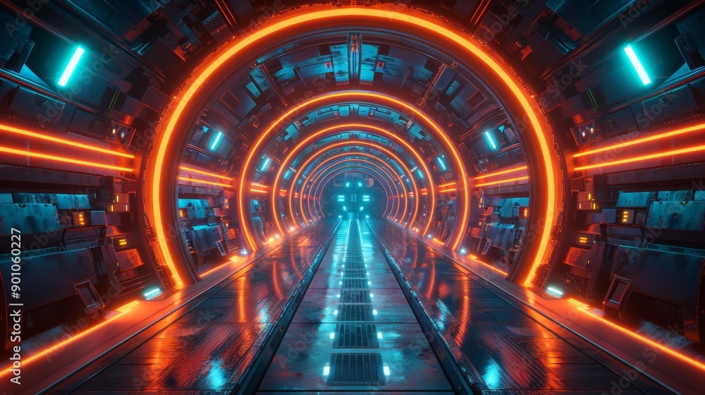 Neon futuristic tunnel - generative ai Neon futuristic tunnel - generative ai